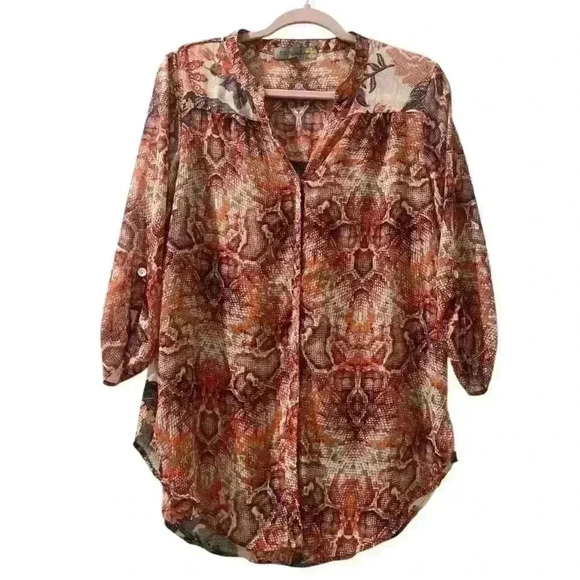 Anthropologie Fig & Flower Sheer Floral Button Up Shirt Blouse Top Size Large - Picture 1 of 10